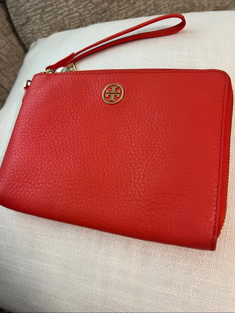 Tory Burch Red Pebbled Leather Wristlet with Gold Logo